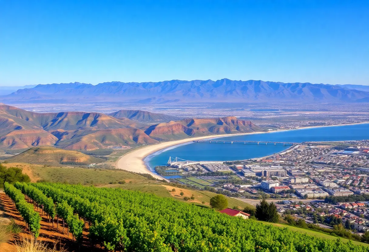 A panoramic view of the diverse attractions in California, including mountains, beaches, and vineyards.
