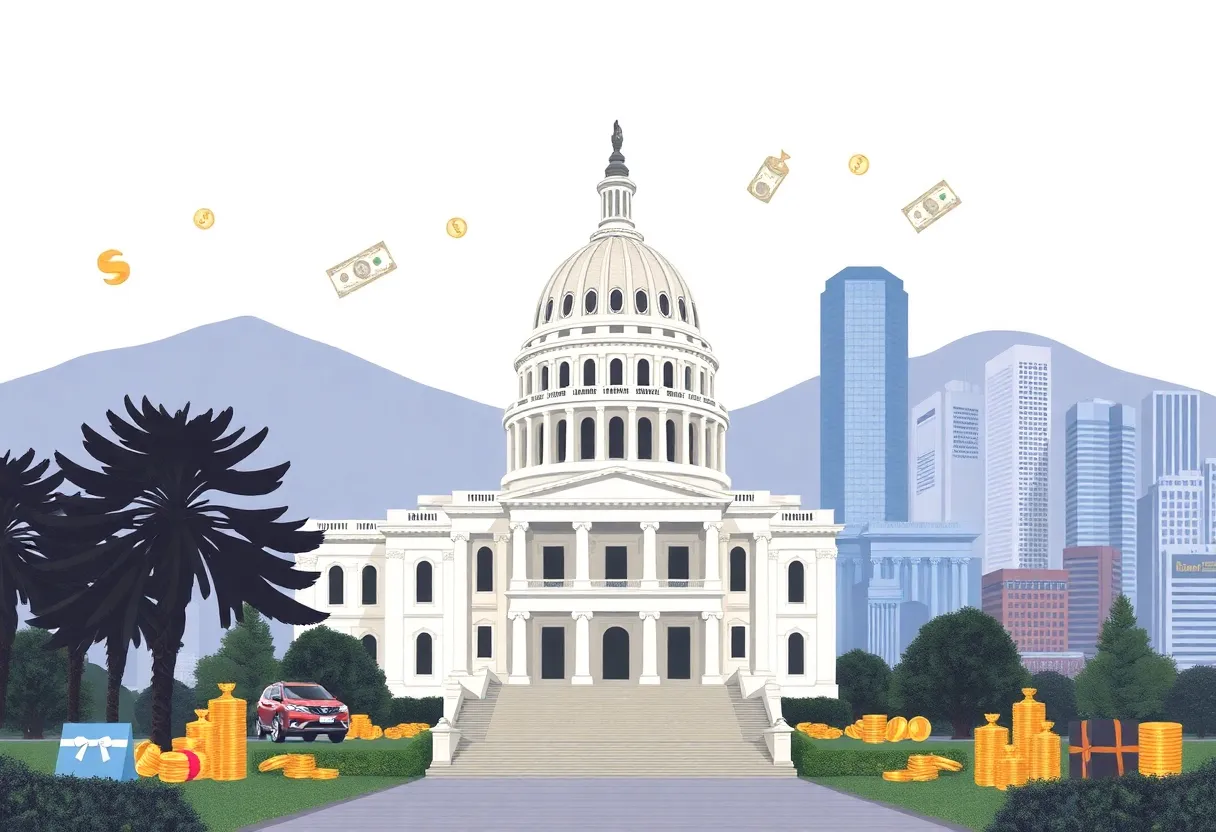 Illustration depicting the California Capitol building with symbols of wealth
