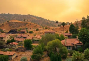 A devastated area in California post-wildfire with intact homes showcasing fire risk reduction measures.