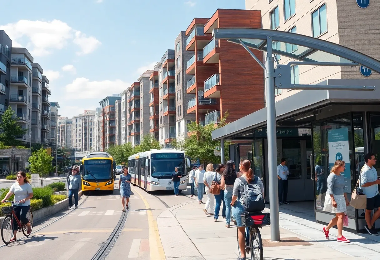 Modern housing developments near a busy public transit hub in California