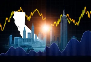 Landmarks of California and New York symbolizing economic resilience