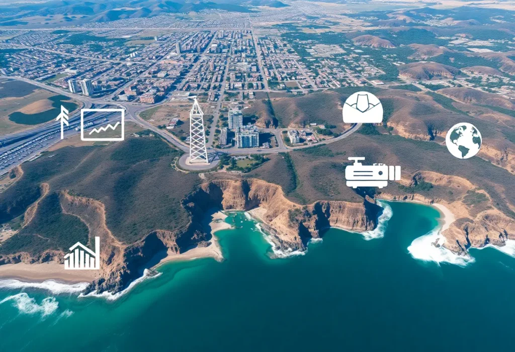 Aerial view of California showcasing elements of redistricting, education, and environmental issues.