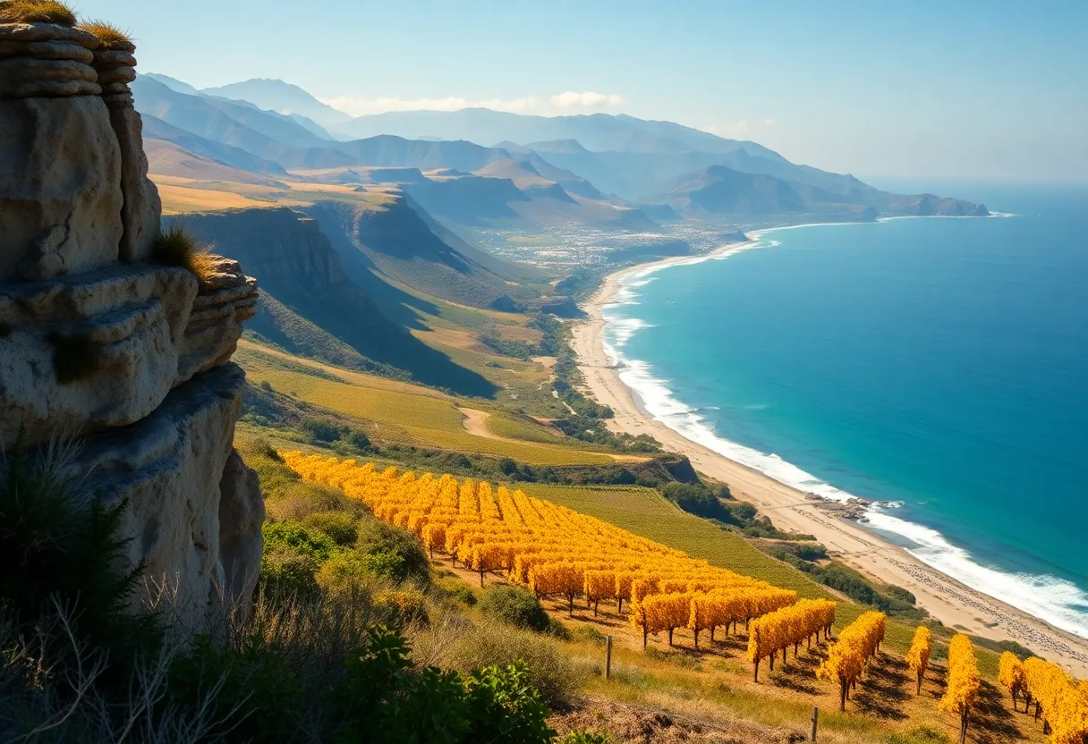 Diverse landscapes of California including cliffs, vineyards, and mountains.