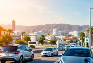 A cityscape in California showing electric vehicles and charging stations.
