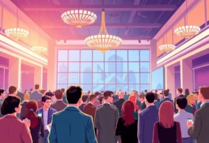 A business conference scene with professionals discussing in a hotel setting.