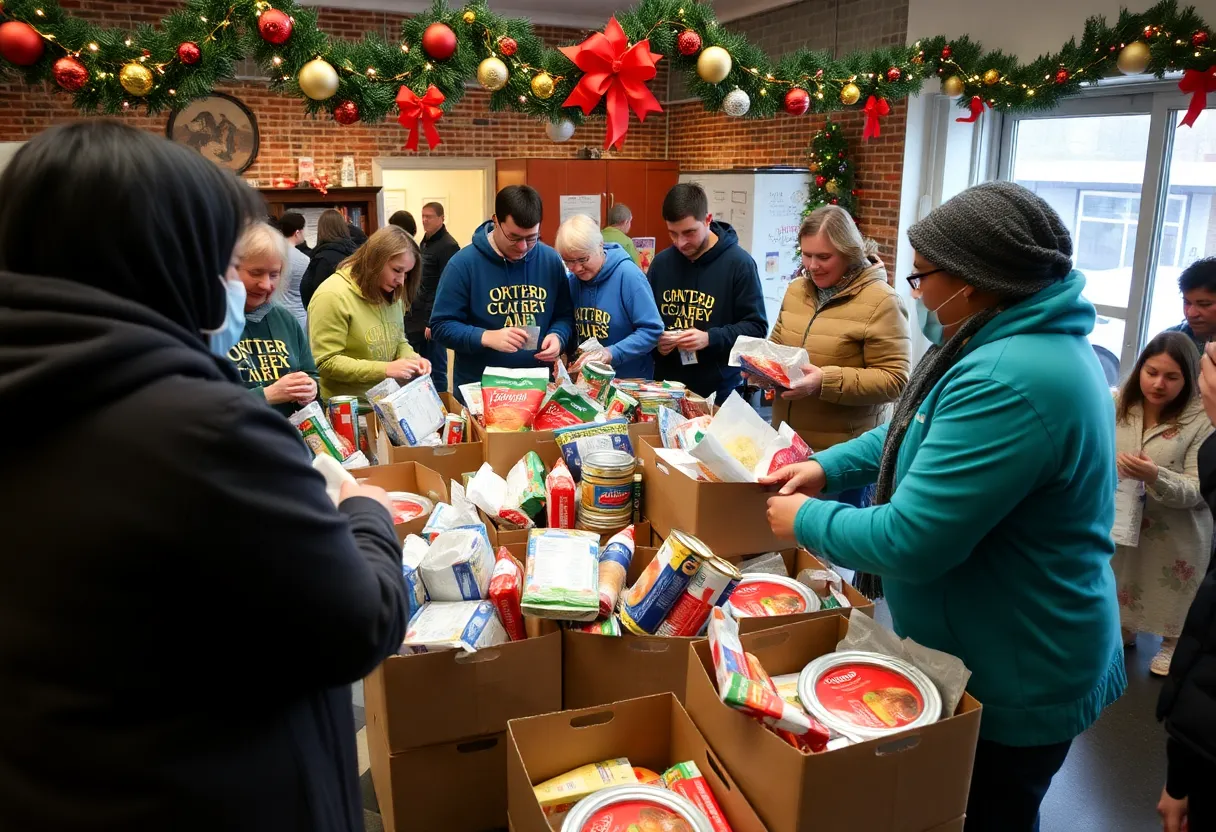Volunteers sorting food for the Christmas in October campaign