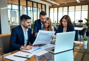 Team of financial advisors discussing reports and strategies in a modern office environment