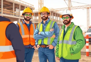 Group of construction workers wearing safety equipment on site