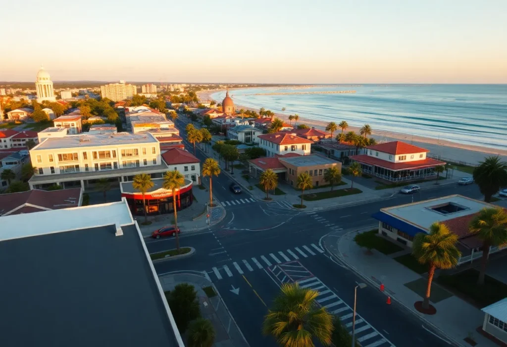 Aerial view of Coronado showcasing beaches and downtown.