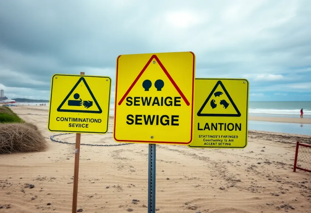 Closed beach area with warning signs about sewage contamination