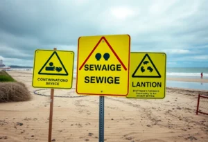 Closed beach area with warning signs about sewage contamination
