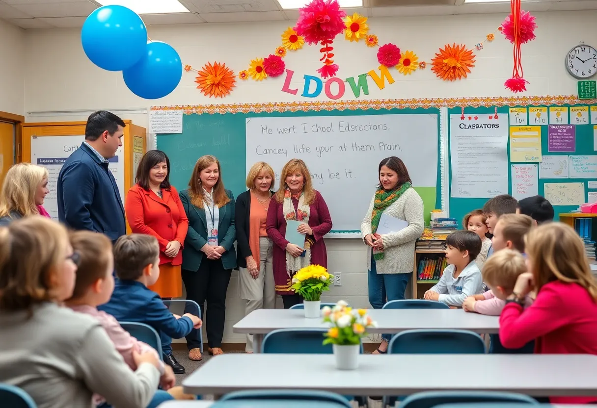 A classroom dedication ceremony with community members gathered in celebration of teachers.
