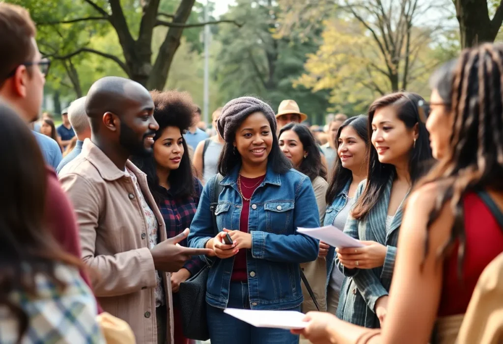 Community members engaging in conversation in a park