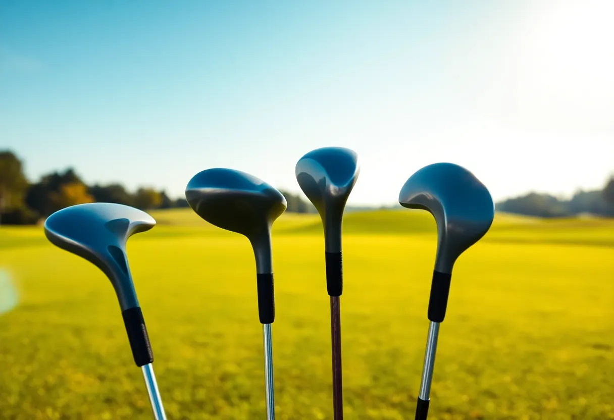 Golf clubs arranged on a green field symbolizing achievement in golf.
