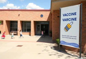 Exterior view of Coronado High School with health awareness banners