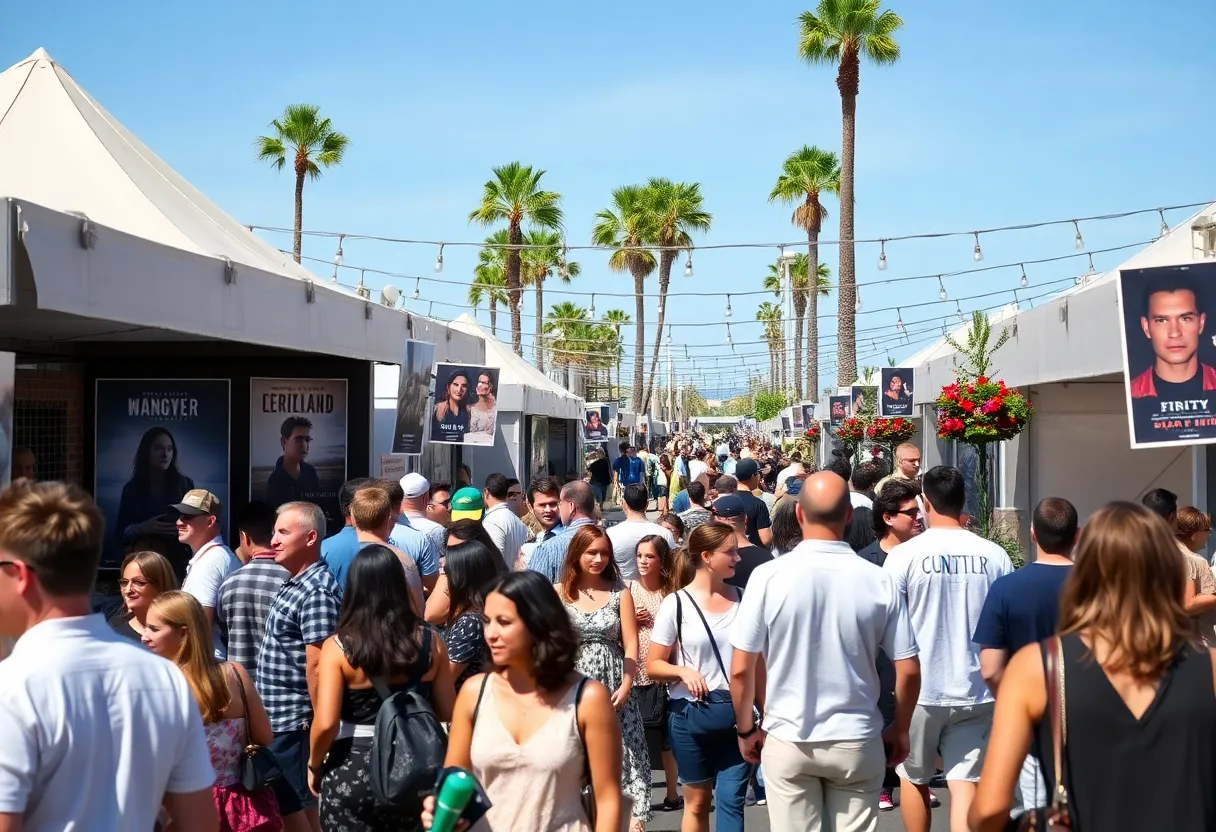 Scene from the Coronado Island Film Festival showing attendees and film posters