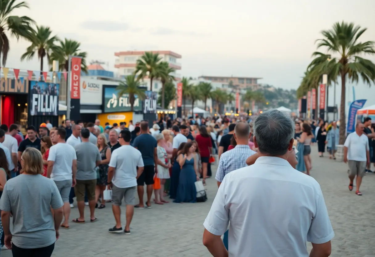 Crowd enjoying the Coronado Island Film Festival atmosphere with festive decorations.