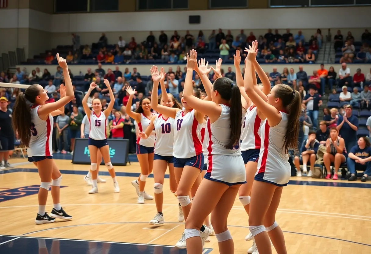 Coronado Islanders volleyball team celebrating a match victory