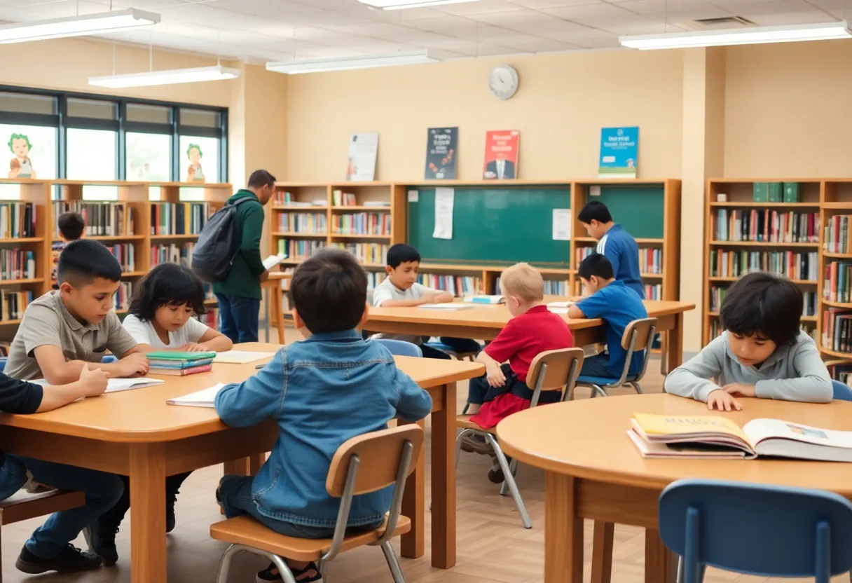 Interior of a school library with students quietly reading and studying.
