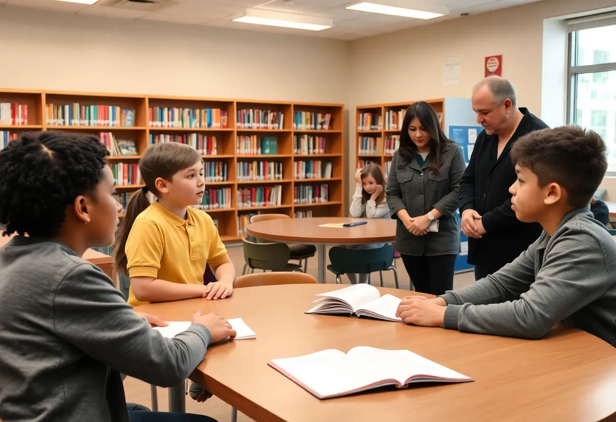 Students discussing in a school library