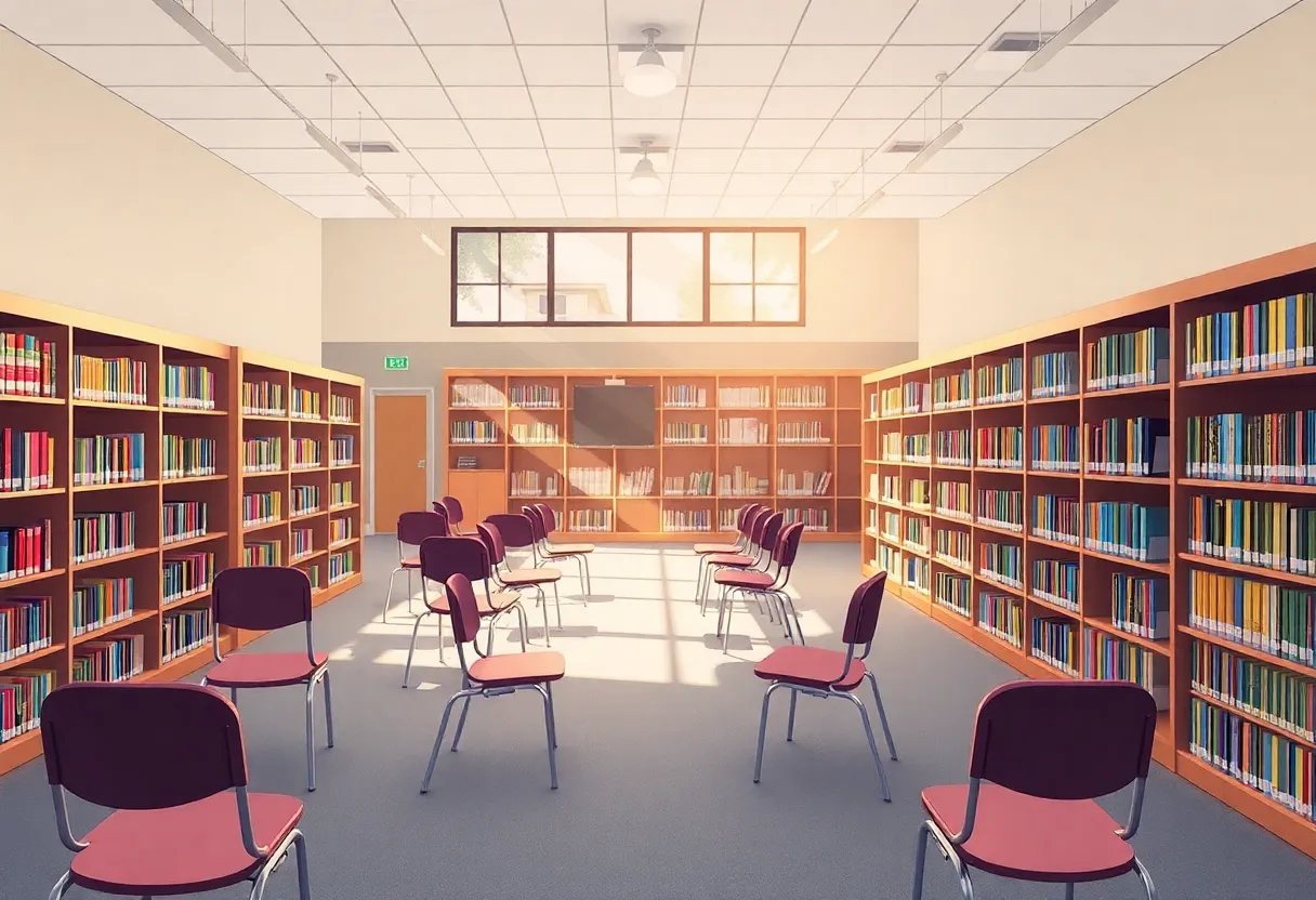 Interior of a middle school library with shelves and tables