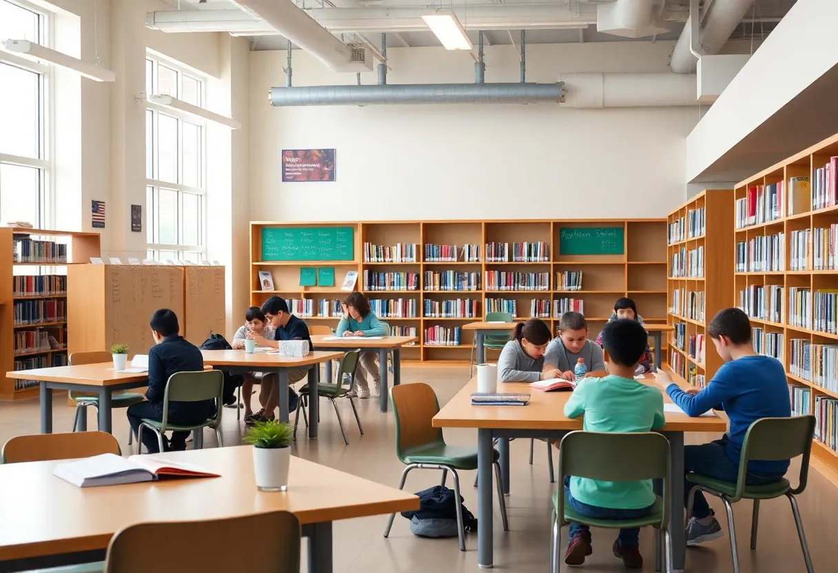 Inside view of Coronado Middle School library, showcasing study spaces.