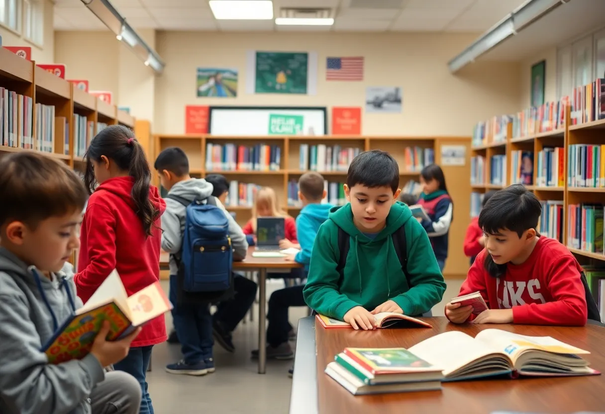 Interior of a school library showing students and books, symbolizing safety