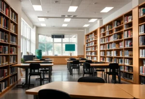 Interior of a school library at Coronado Middle School with empty tables and bookshelves