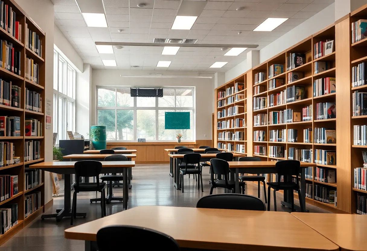 Interior of a school library at Coronado Middle School with empty tables and bookshelves