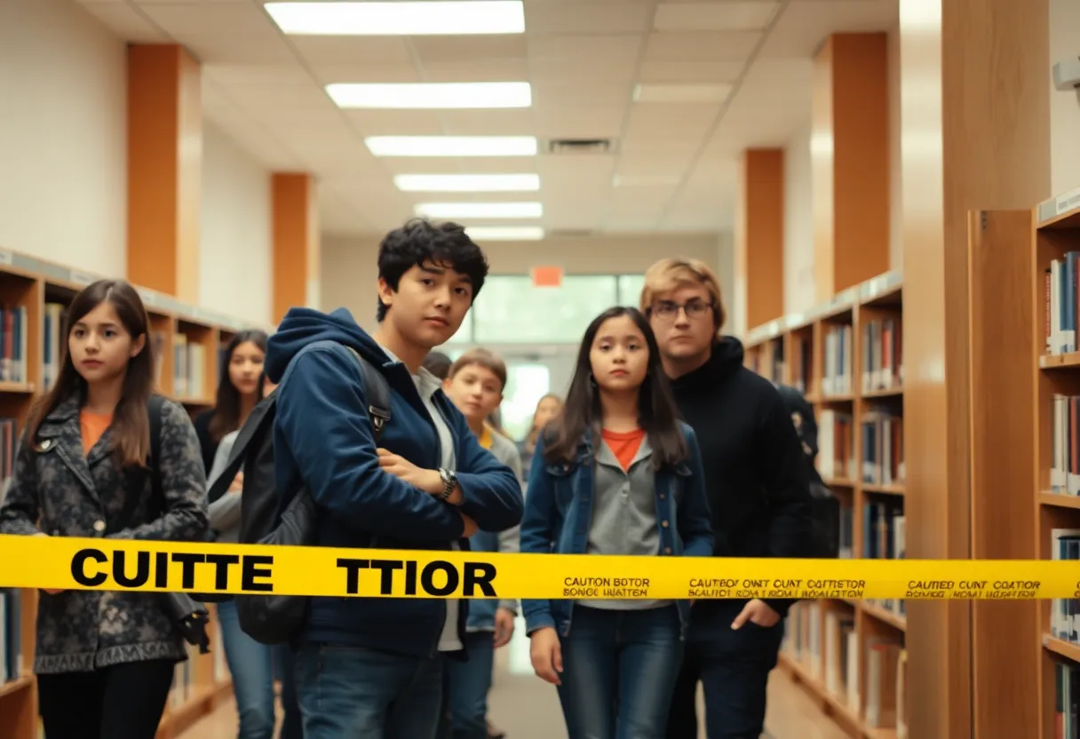 Interior of a school library with concerned students and caution tape.
