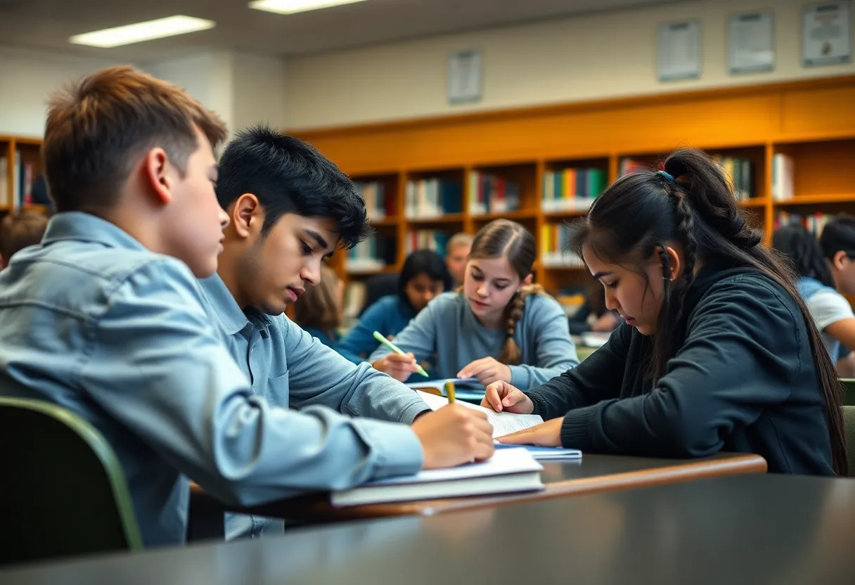 Library area in a school environment with students studying.