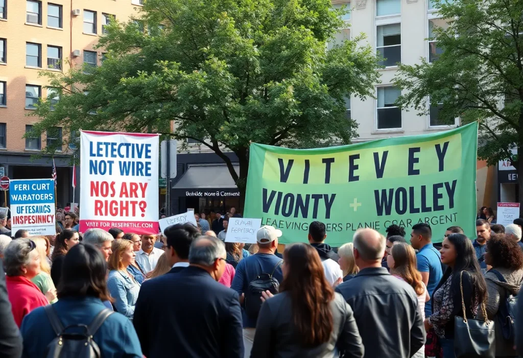 Residents of Coronado discussing Proposition 50 in a city square.