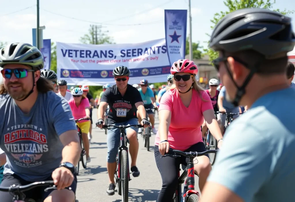 Participants engaged in a charity bike ride supporting veterans