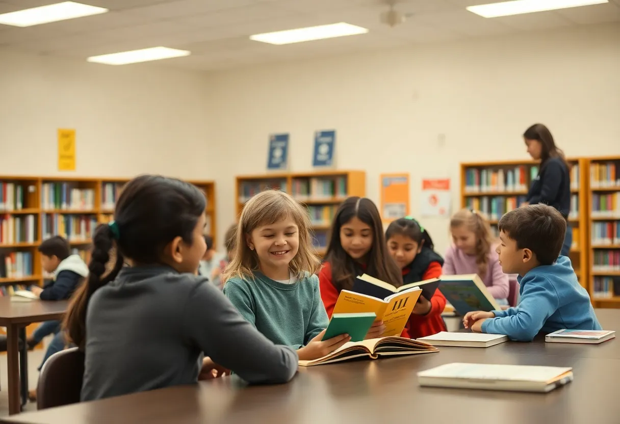 Students in Coronado Middle School library interacting positively
