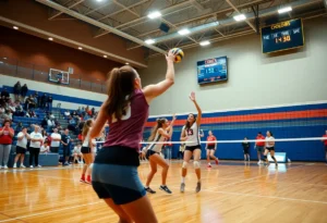 Coronado High School girls volleyball players in action during a close match.