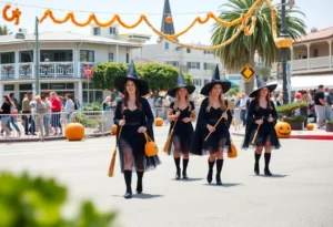 Participants in witch costumes walking across Coronado Island