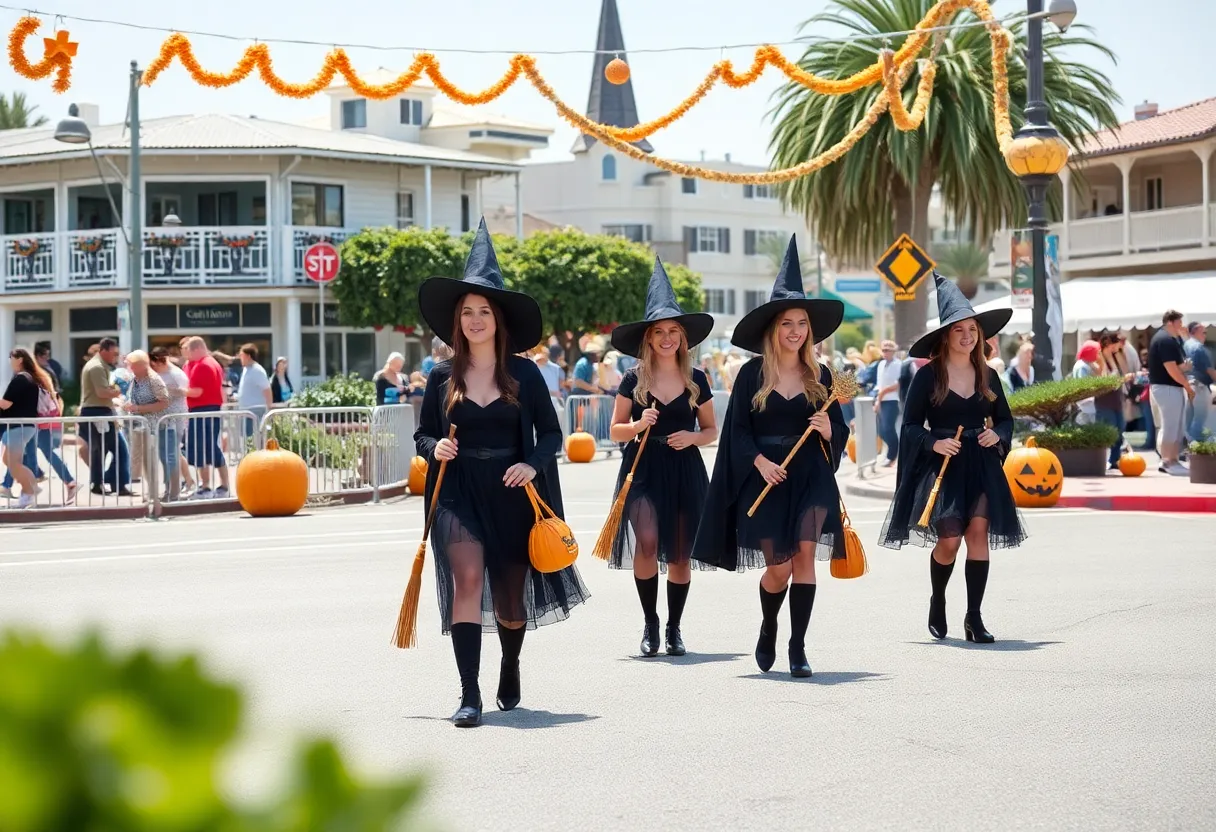 Participants in witch costumes walking across Coronado Island
