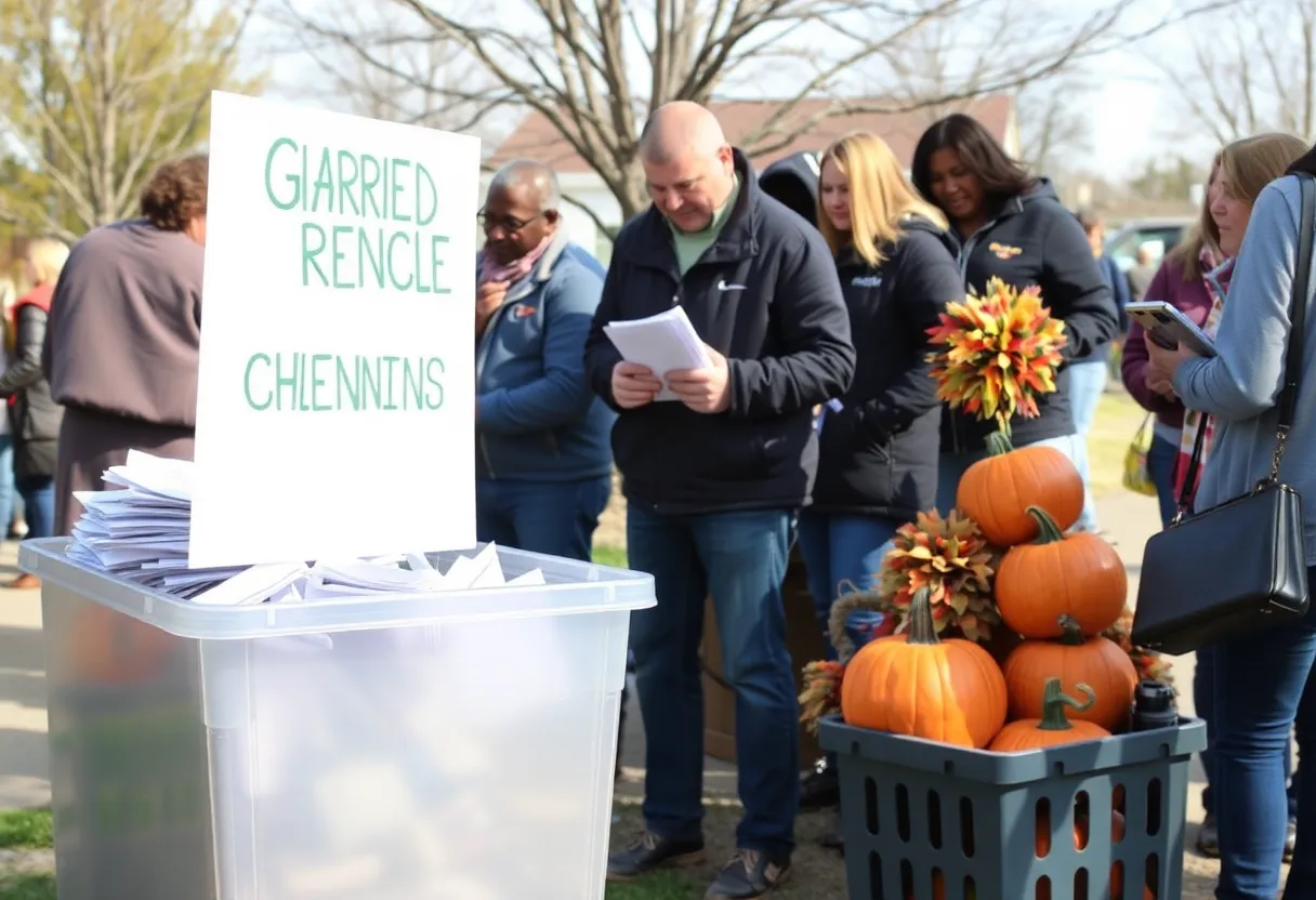 People participating in a shredding event in Coronado, with pumpkins for decoration.