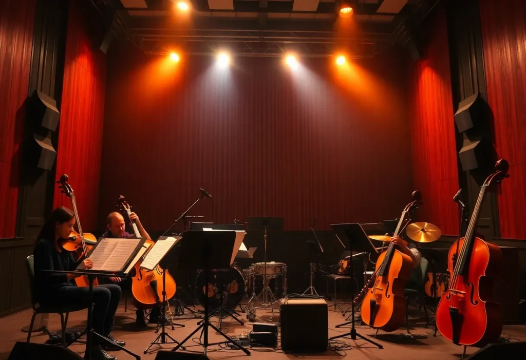 Stage setup for the CoSA Fall Recital showcasing musical instruments