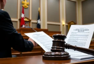 Judge presiding over a labor law case in a courtroom