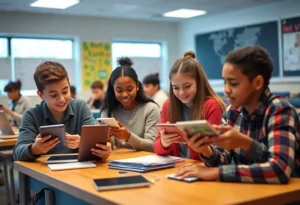 Students engaged in a digital learning classroom with various devices