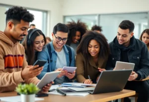 Students collaborating in a digital skills training session