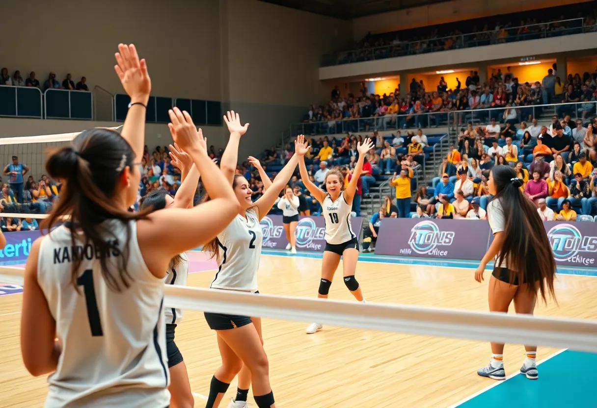 Eastlake volleyball team celebrating their victory on the court.