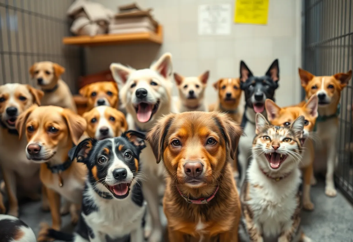 Dogs and cats available for adoption at a shelter during the Empty the Shelters event.