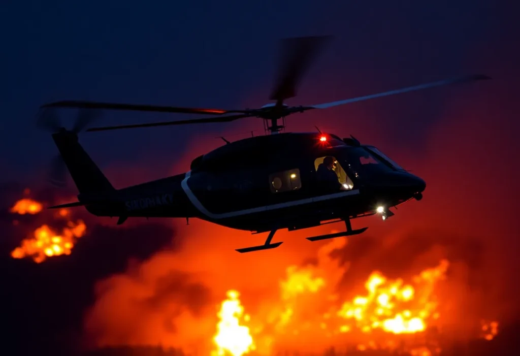 Sikorsky S-70 Firehawk helicopter performing a nighttime water drop over a wildfire.