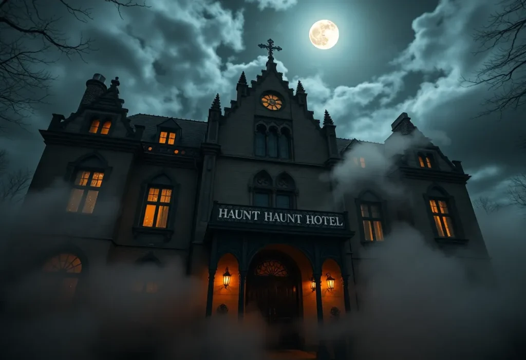 Spooky facade of a haunted hotel under a full moon