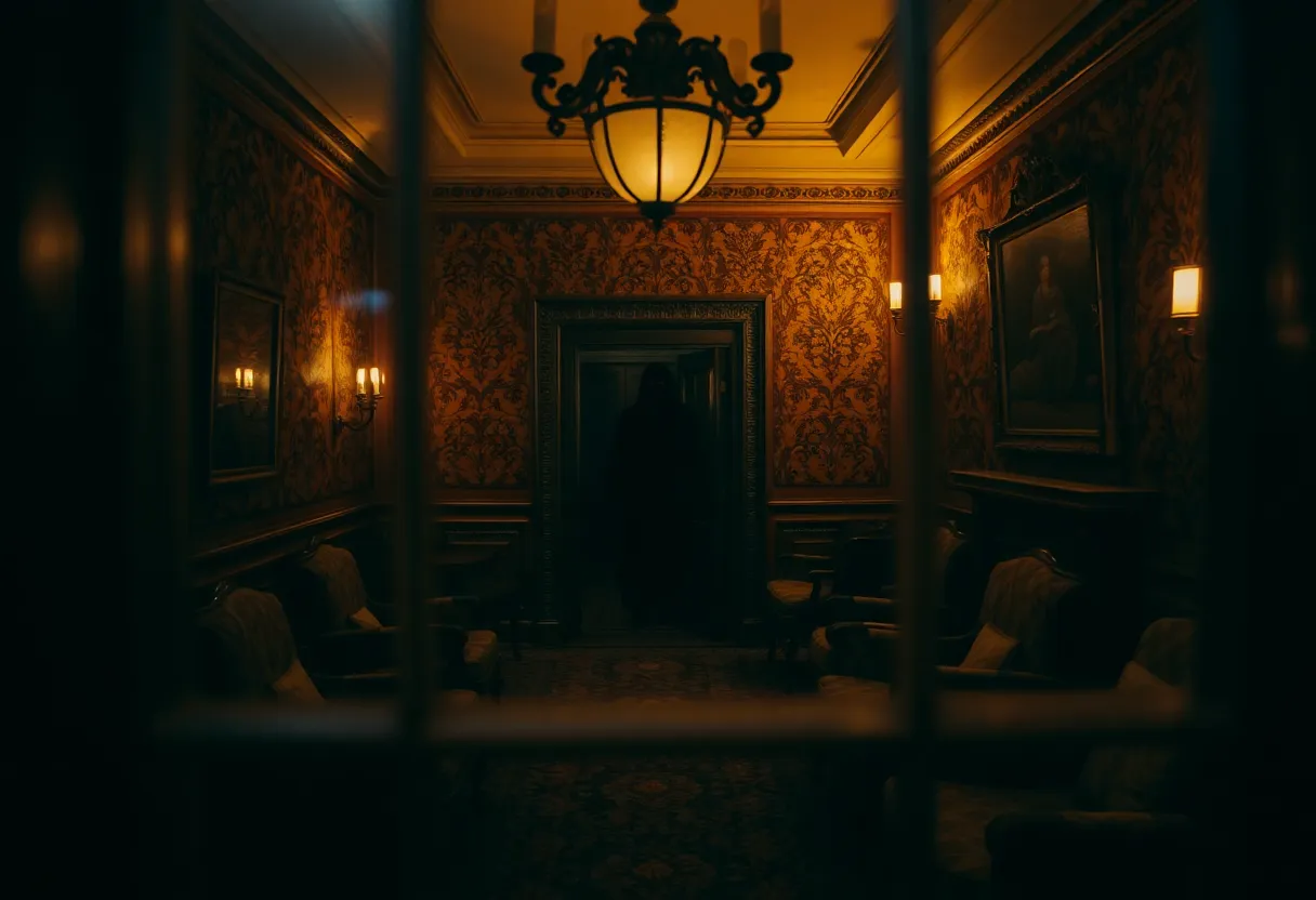 Interior of a haunted hotel with ghostly apparition