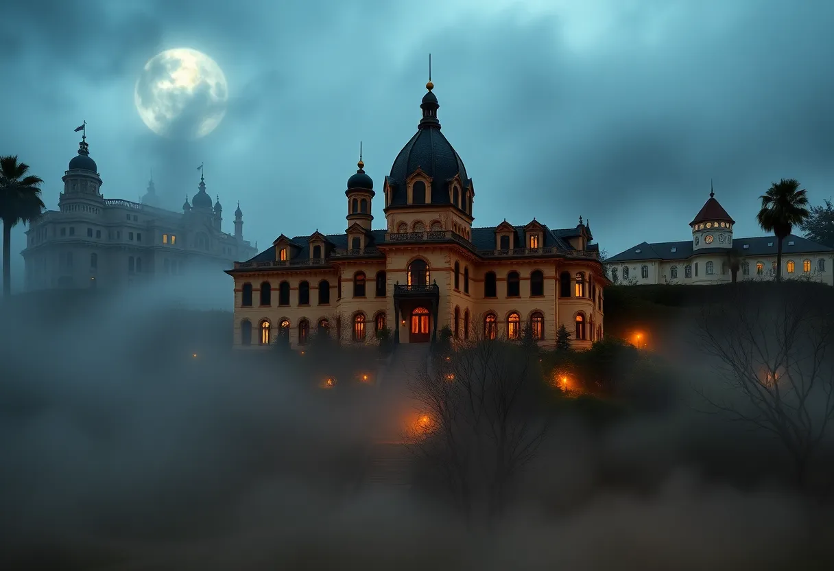 A collage of haunted locations in California during Halloween.