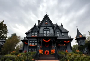 Exterior of the Haunted Mansion attraction decorated for Halloween at Disneyland