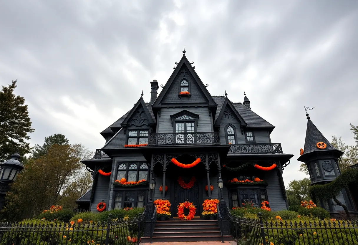 Exterior of the Haunted Mansion attraction decorated for Halloween at Disneyland